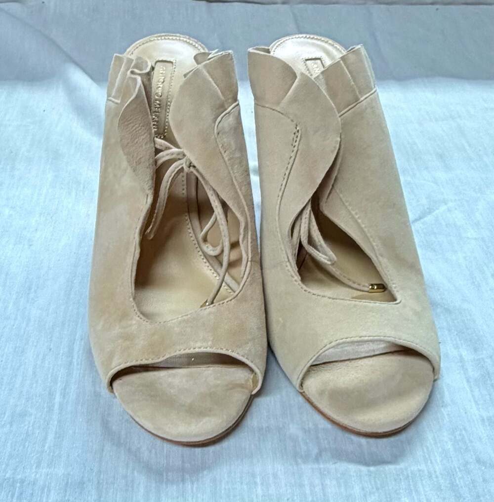 Antonio Melani Sarika Suede Ruffled Peep-Toe Block Heel Mules